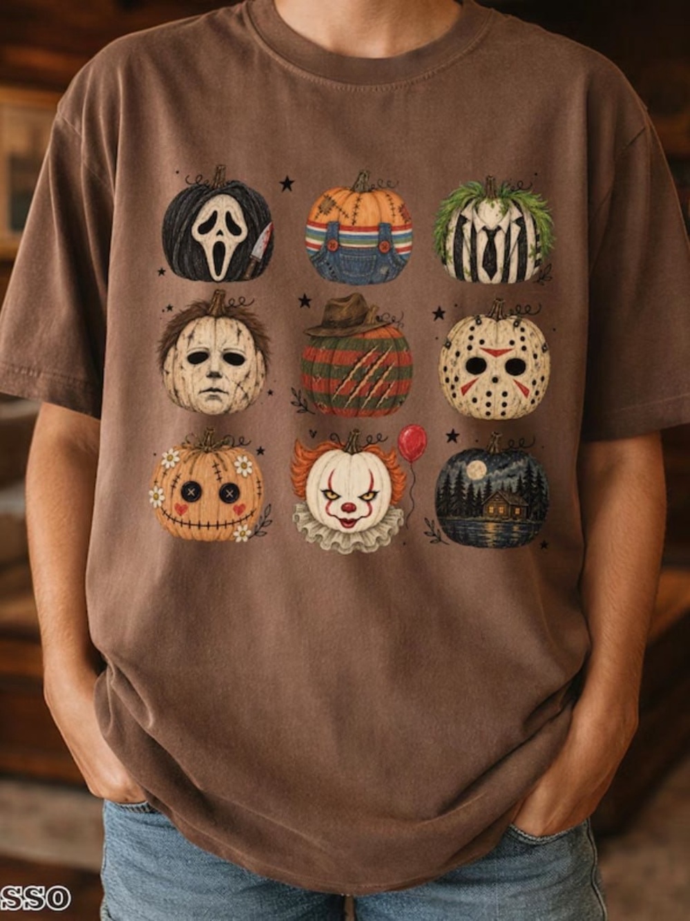 Comfort Colors Espresso Halloween Pumpkin Faces Graphic Tee